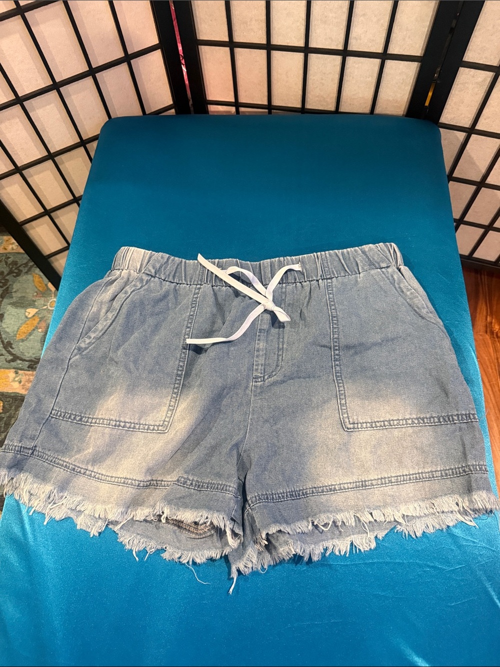 Light Blue Frayed Hem Denim Drawstring Shorts